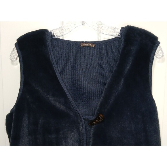 J McLaughlin Vest Women Med Navy Lolan Faux Fur Ribbed Wool Horn Toggle Luxury - Picture 3 of 13